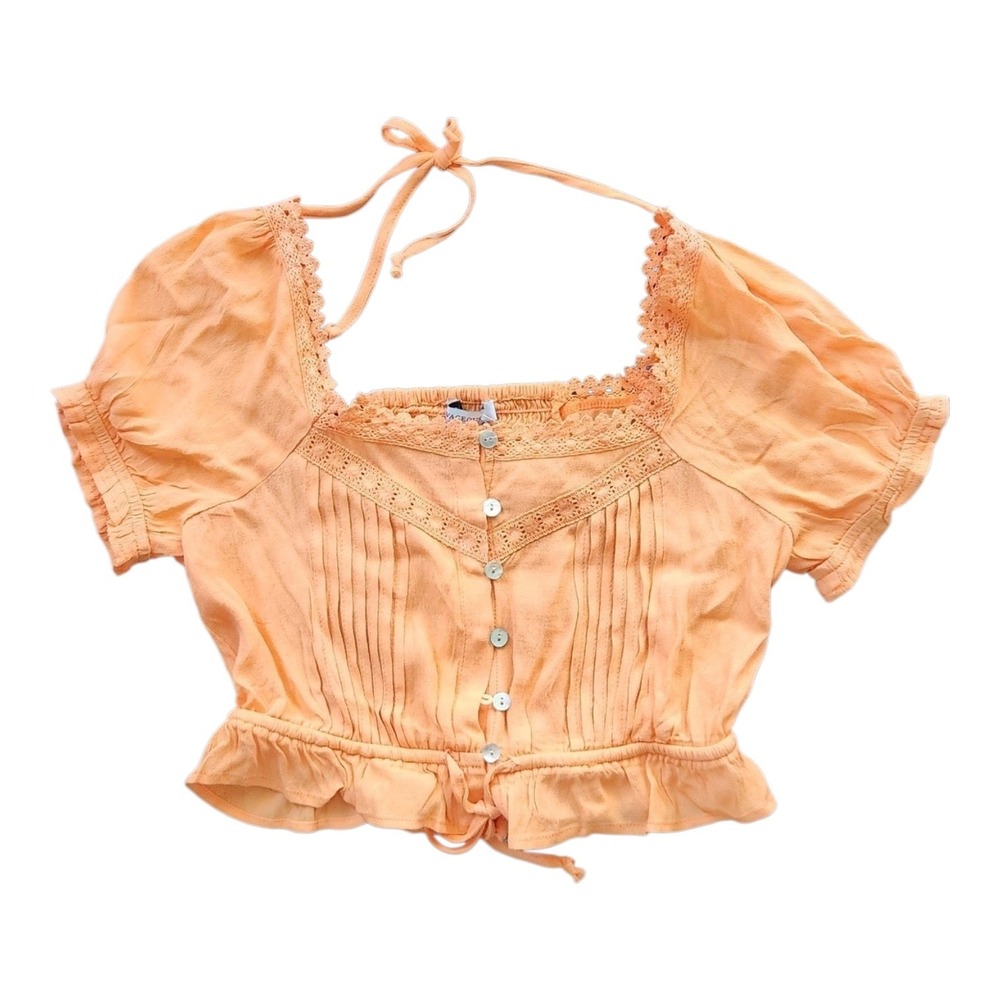 NWT Olivaceous Smocked Puff-Sleeve Cropped Peasant Blouse with Lace TrimS Boho S - Picture 2 of 8